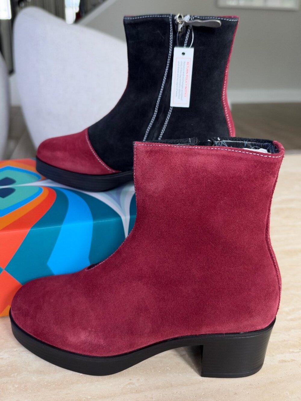 Women's Two-Tone Suede Zip Ankle Boots in Black & Burgundy Boho